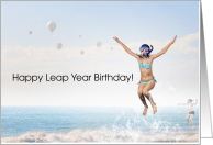 Happy Leap Year Birthday! Cheerful Girl Leaping In the Ocean card