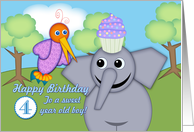 Happy Birthday 4 Year Old Boy, Whimsical Bird, Elephant and Cupcake card