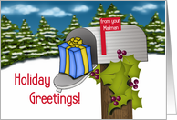 Holiday Greetings From Your Mailman, Business, Mail Carrier, Holly card