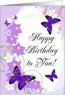 Happy Birthday To You! Pretty Purple Butterflies, Floral Swirls card
