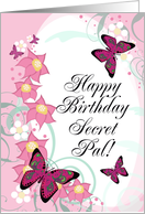 Happy Birthday Secret Pal! Pink Butterflies Pink Floral Swirls card
