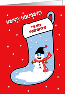 Parents Christmas Snowman on Blue Stocking card