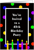 45th Birthday Party Invitation Card -- Bright Polka Dots and Candles card