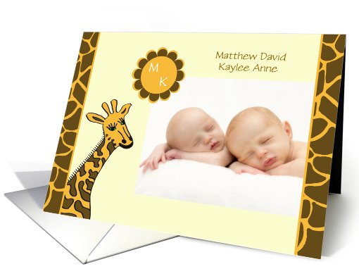 Twin Photo Birth Announcement -- Baby Photo and Giraffe card (856643)