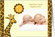 Twin Photo Birth Announcement -- Baby Photo and Giraffe card