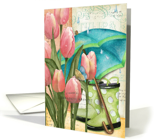 Pink Tulips with Umbrella, Rubber Boots Get Well Card... (1363232)