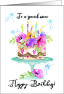 To a Special Niece Happy Birthday with Modern Watercolor Floral Cake card