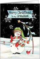 To Grandson a Merry Christmas with Snowman Holding Candy and Cardinals card