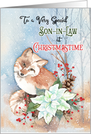 To Son-in-Law Merry Christmas Fox in Snow with Poinsettia and Berries card