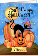 Niece Happy Halloween with Pumpkins, Cat, Bat, Stars, Moon card