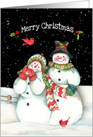 Merry Christmas with Snowmen Couple, Cardinals, and Snow card