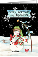 To Stepbrother a Merry Christmas with Snowman, Candy Cane, Cardinals card