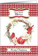 To My Boss Merry Christmas with Checks, Cardinals in a Wreath card