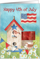 Happy 4th of July Birdhouse with Birds USA Flag and Banner card