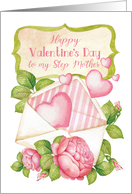 Step Mother Happy Valentine’s Day Hearts Float from Envelope with Rose card