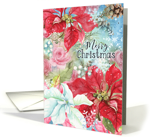 Christmas Poinsettias and Roses with Snowflakes and Berries card