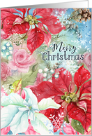 Christmas Poinsettias and Roses with Snowflakes and Berries card