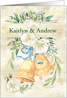 Wedding Personalized with Bells and White Flowers with Blue Ribbon card