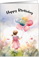 General Birthday Girl Holding Balloons Walking in Field of Flowers card