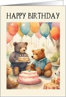 General Birthday Teddy Bears with Cake Presents and Balloons card