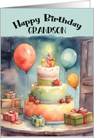 Grandson Birthday Party with Whimsical Cake Balloons Gifts card