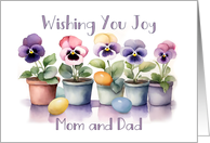 Easter Joy for Mom and Dad with Cheerful Pansies and Colored Eggs card
