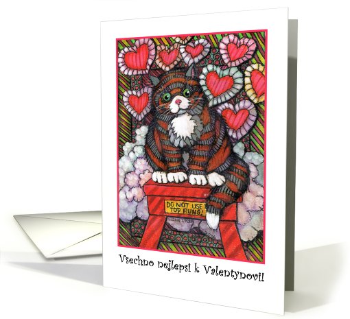 Happy Valentine's Day! (Czechoslavakian language) Cat with Hearts card