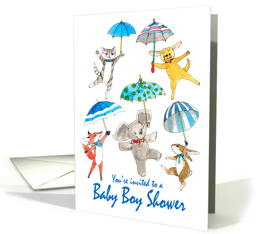 Baby Boy Shower Invitation - Blue Umbrella Animals card (1303088)