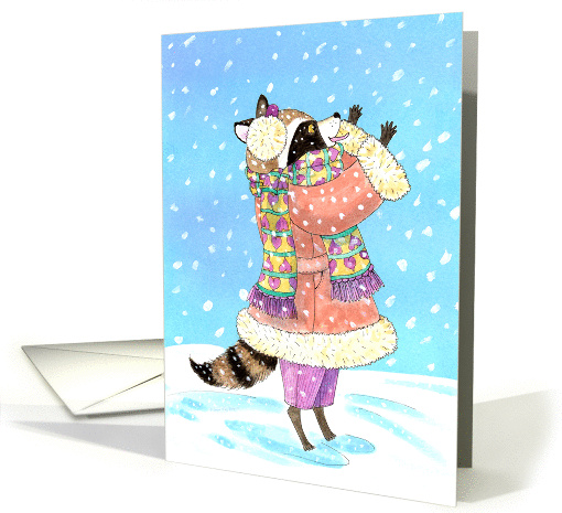 Christmas Girl Raccoon dressed for Winter in the Snow card (1442880)