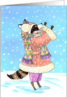 New Year Girl Raccoon dressed for Winter Snow card