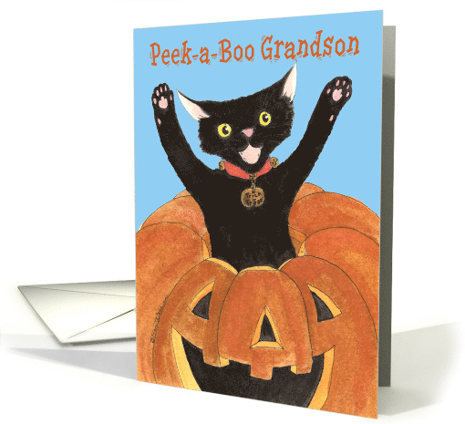 Halloween Grandson, Jack O'Lantern Cat card (500590)