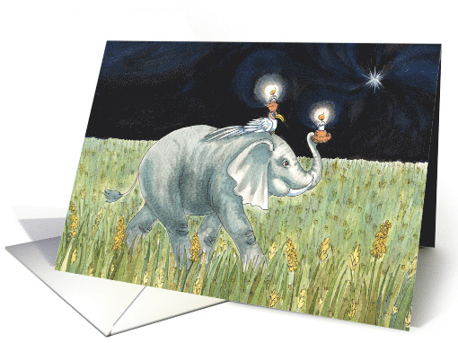 New Year Elephant and Bird on a Candle Light Walk card (998379)