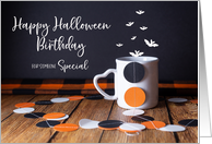 Happy Halloween Birthday Confetti, Bats and Mug card