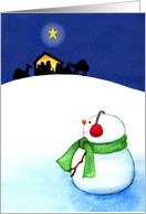 Snowman Watching Nativity Scene Christmas Card