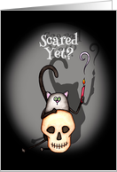 Funny Scared Yet Cat with Skull Halloween card