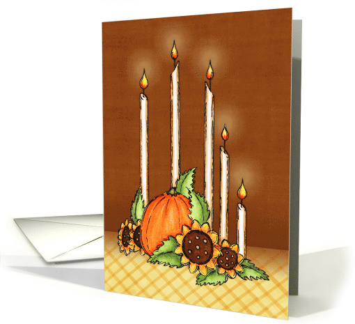 Thanksgiving Centerpiece Candles, Sunflowers, and Pumpkin card
