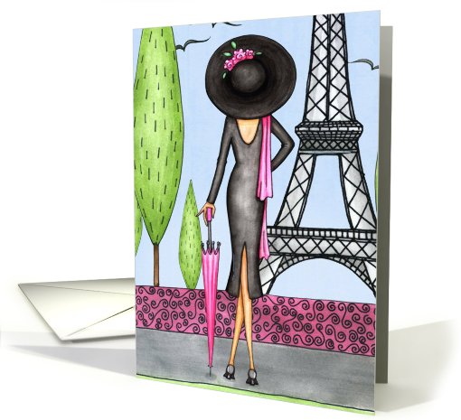 Paris Fashion, lady in black, Eiffel tower card (613114)