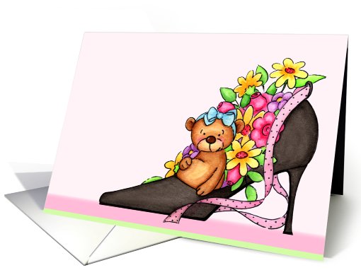 Sweet Teddy Bear With Flowers In A High Heel Black Shoe card (779999)