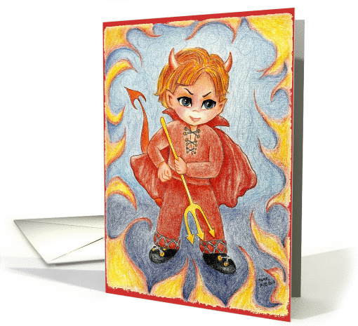 Halloween Mischievous Little Devil Boy with Pitchfork card (96330)