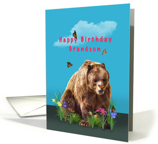 Birthday, Grandson, Bear, Butterflies, and Flowers card (1055831)