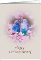 Anniversary, 11th, Loving Parakeets and Pink Flowers card