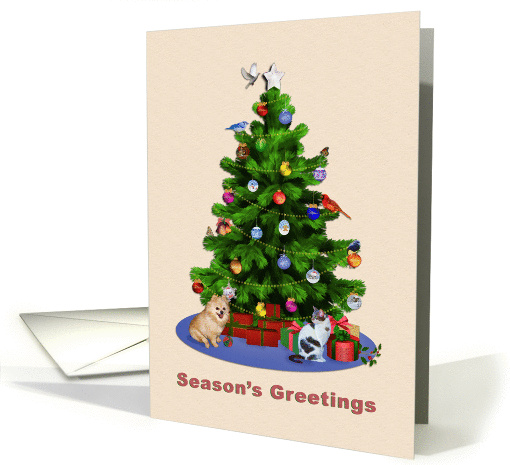 Season's Greetings, Merry Christmas Tree, Dog, Cat, Birds card