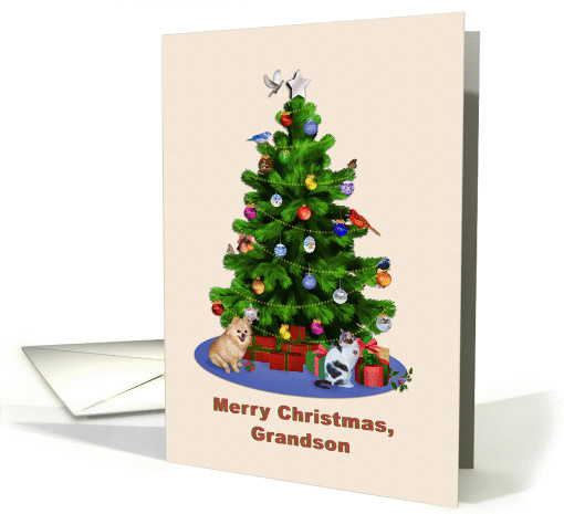 Grandson, Merry Christmas Tree, Dog, Cat, Birds card (1289718)