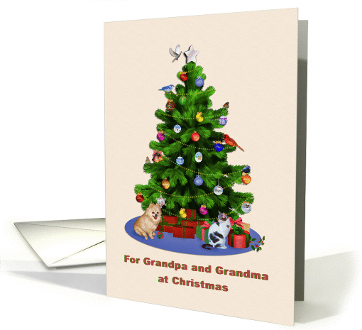 Grandma and Grandpa, Merry Christmas Tree, Dog, Cat, Birds card