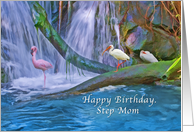 Birthday, Step Mom, Tropical Waterfall, Flamingos, Ibises card
