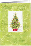 Birthday Christmas Tree In Red Pot With Holiday Blessings Joy card