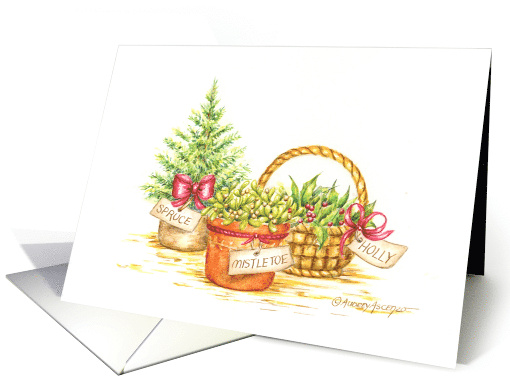 Christmas Garden Tree Mistletoe Holly Warm Joyful Holiday card