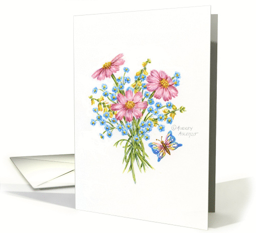 Thinking of You Flower Bouquet with Butterfly Caring Thoughts card