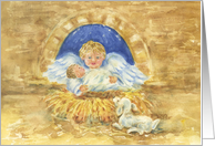 Relgious Christmas Manger Jesus and Angel Rejoice Blessings Joy Peace card