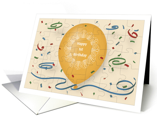 Happy 1st Birthday with orange balloon and puzzle grid card (1067825)